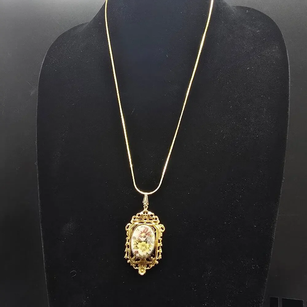 Vintage Floral Pendant Necklace Ornate Gold Tone Costume Jewelry